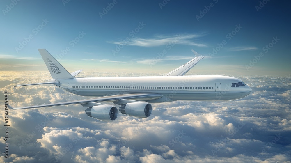 Obraz premium 2410 58.Side view of a large airplane gliding through the sky, its engines roaring as it travels above a layer of clouds. The minimalist white livery emphasizes the clean lines of the aircraft,