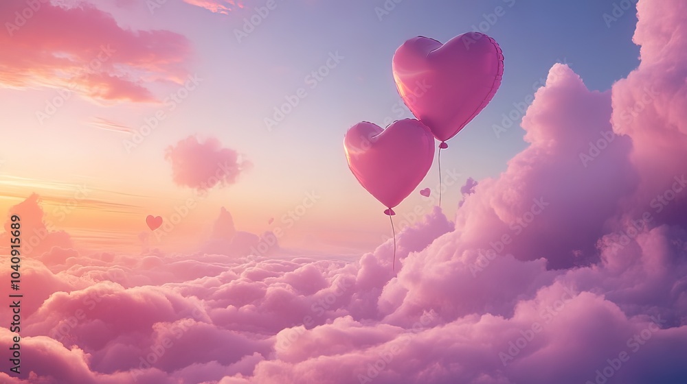 Heart-Shaped Balloons Floating in a Dreamy Pink Sky Heart-Shaped Balloons Floating in a Dreamy Pink Sky
