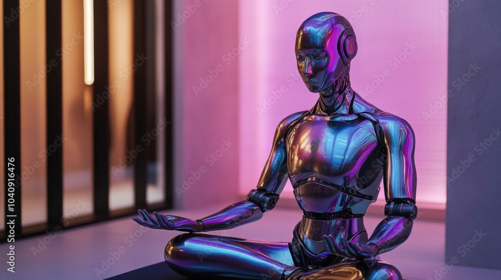 Fototapeta premium A humanoid robot with a metallic, iridescent finish, leading a yoga class in a tranquil