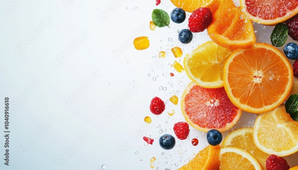 A vibrant array of fresh fruits including oranges, berries, and grapefruit, artfully arranged with splashes of color against a light background. A vibrant array of fresh fruits including oranges, berries, and grapefruit, artfully arranged with splashes of color against a light background.