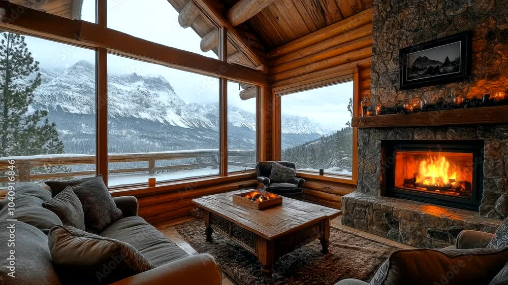 Cozy cabin interior with a fireplace and mountain view in a snowy landscape. Seamless looping 4k video animation background Cozy cabin interior with a fireplace and mountain view in a snowy landscape. Seamless looping 4k video animation background