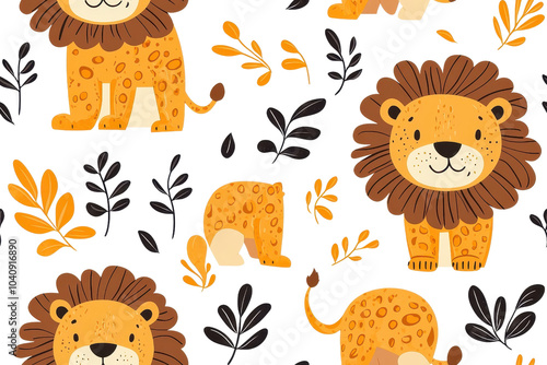 Flat style seamless pattern of lions, isolate on white background, creating a playful and eye-catching design   PNG photo