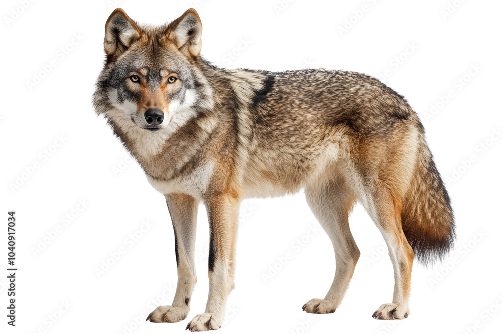 Fototapeta premium A majestic wolf standing confidently, isolate on white background, showcasing its wild beauty. PNG