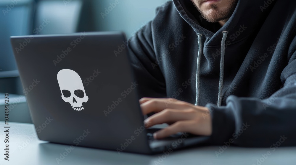 Person using laptop with skull sticker, symbolizing pirated software A person in a hoodie typing on a laptop featuring a skull sticker, representing piracy, hacking, or illegal software usage Person using laptop with skull sticker, symbolizing pirated software A person in a hoodie typing on a laptop featuring a skull sticker, representing piracy, hacking, or illegal software usage