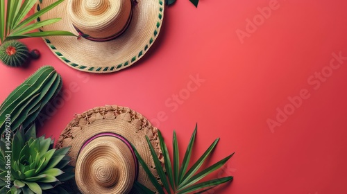 A vibrant display of hats, flowers, and other tropical elements on a bright red background. photo