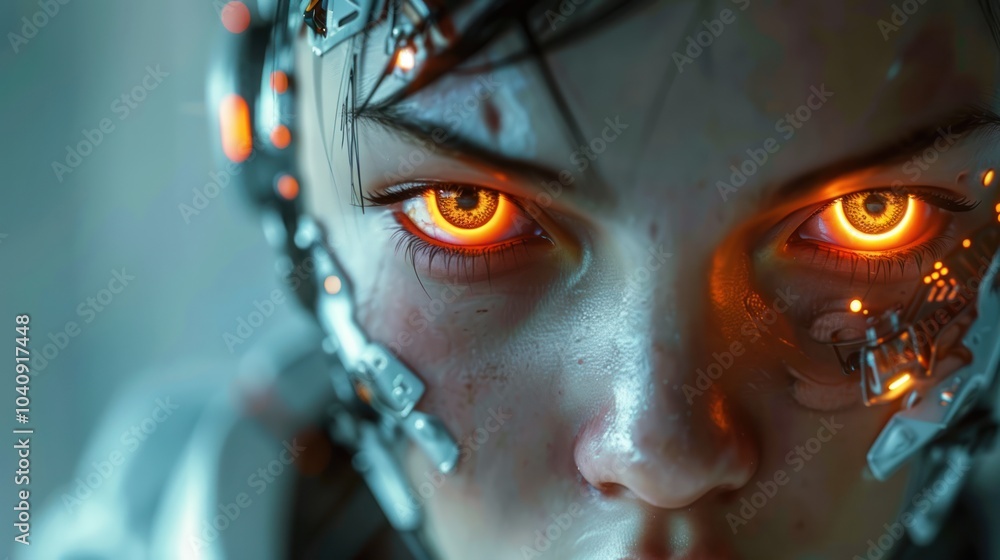 Female cyborg face with glowing eyes, AI generated image Female cyborg face with glowing eyes, AI generated image