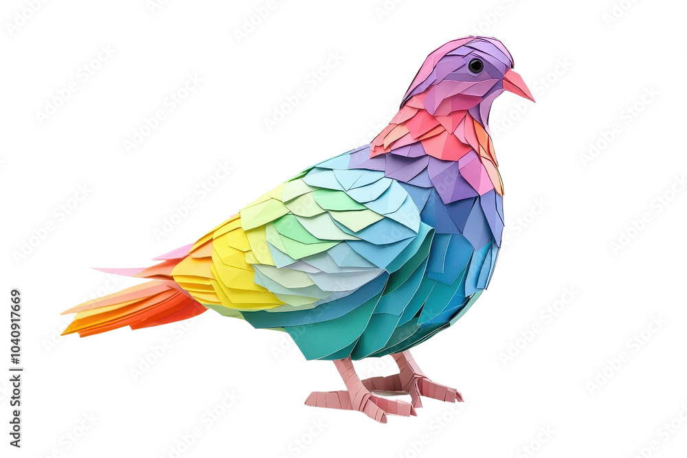 Fototapeta premium A multicolored paper art pigeon, isolate on white background, featuring vibrant paper layers. PNG