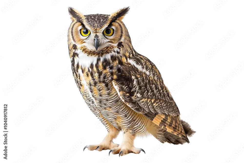 Obraz premium An owl standing tall, isolate on white background, showcasing its elegant feathers and piercing gaze. PNG