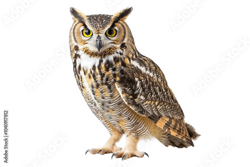 An owl standing tall, isolate on white background, showcasing its elegant feathers and piercing gaze. PNG