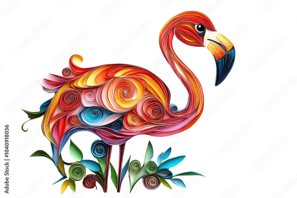 Obraz premium A multicolored paper art flamingo, isolate on white background, crafted from layered paper cuts. PNG