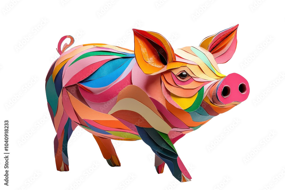 A multicolored paper art pig, isolate on white background, crafted with various paper textures. PNG A multicolored paper art pig, isolate on white background, crafted with various paper textures. PNG