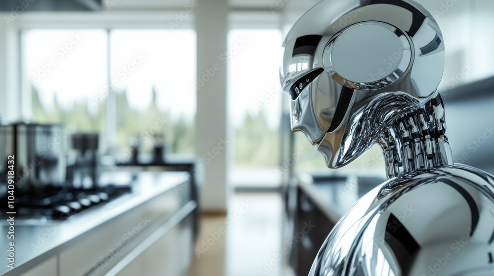 Obraz premium A humanoid robot with a reflective chrome surface, positioned in a sleek modern kitchen with advanced cooking appliances, ultra-modern and futuristic culinary setting