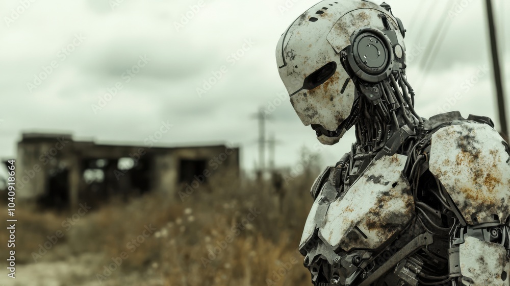 A humanoid robot with a rugged, battle-worn exterior, standing in a dystopian landscape with abandoned structures and overgrown vegetation A humanoid robot with a rugged, battle-worn exterior, standing in a dystopian landscape with abandoned structures and overgrown vegetation