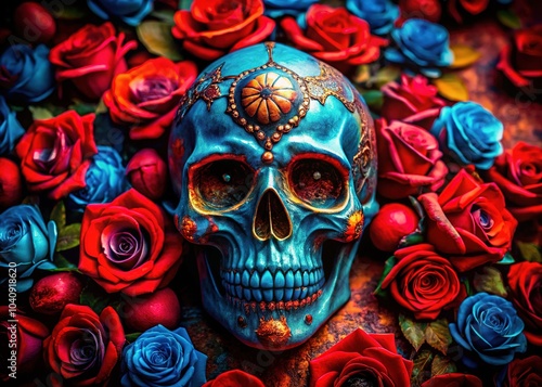 Day of the Dead Blue Skull with Red Roses Grunge Tattoo Art