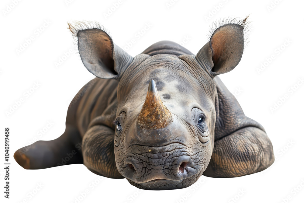 Obraz premium A baby rhinoceros, isolate on white background, with soft skin and an adorable expression. PNG