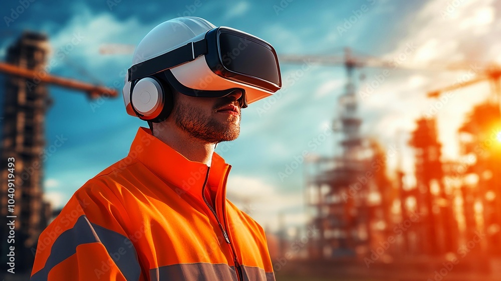 Construction worker wearing VR headset, orange safety jacket, futuristic industrial background. Construction worker wearing VR headset, orange safety jacket, futuristic industrial background.