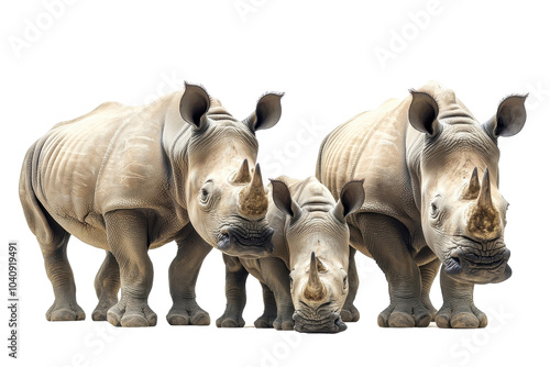 A family of rhinoceroses, isolate on white background, showcasing their playful interactions and joyful expressions. PNG photo