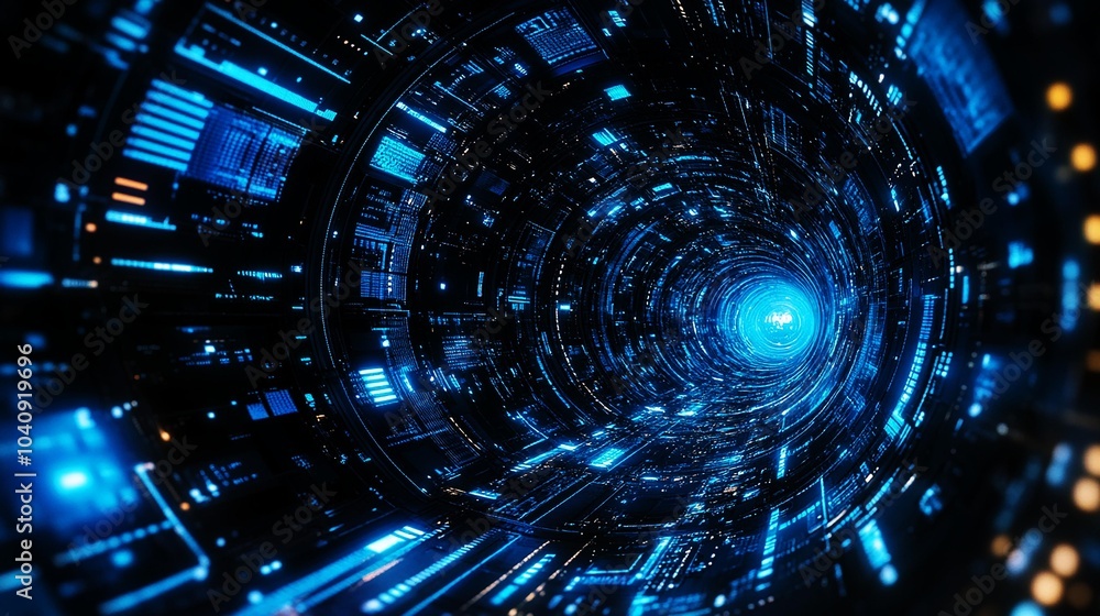 Obraz premium Futuristic digital tunnel with glowing blue lights and interconnected circuits.