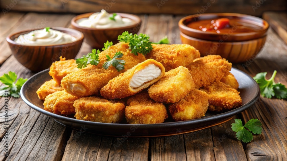 Delicious Fried Fish Fillet Nuggets with Crispy Coating on a Plate, Perfect for Fast Food or Casual Dining, Ideal for Seafood Lovers and Healthy Eating Enthusiasts Delicious Fried Fish Fillet Nuggets with Crispy Coating on a Plate, Perfect for Fast Food or Casual Dining, Ideal for Seafood Lovers and Healthy Eating Enthusiasts