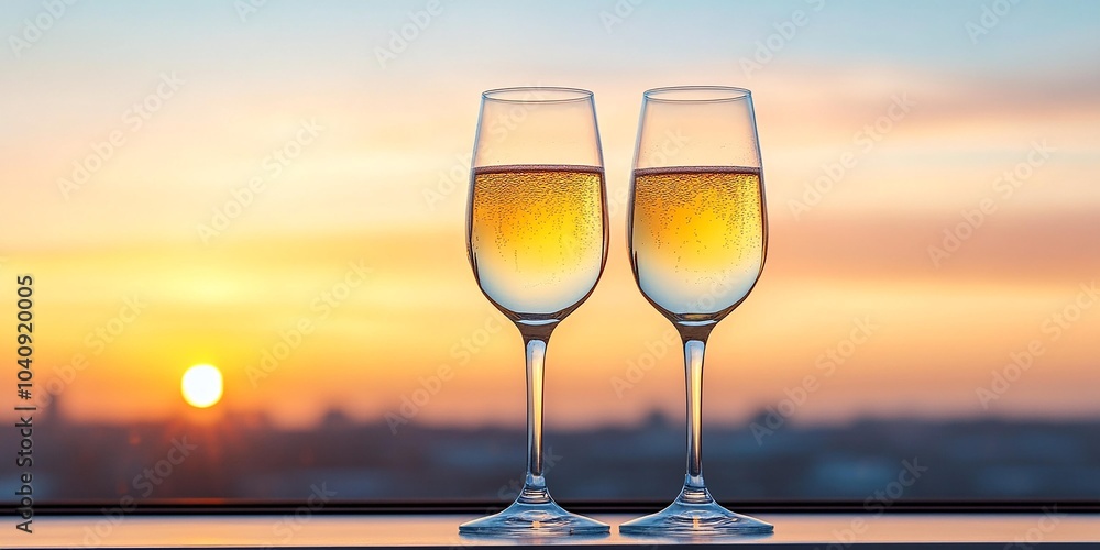 Two elegant glasses filled with sparkling beverage against a beautiful sunset background. Two elegant glasses filled with sparkling beverage against a beautiful sunset background.