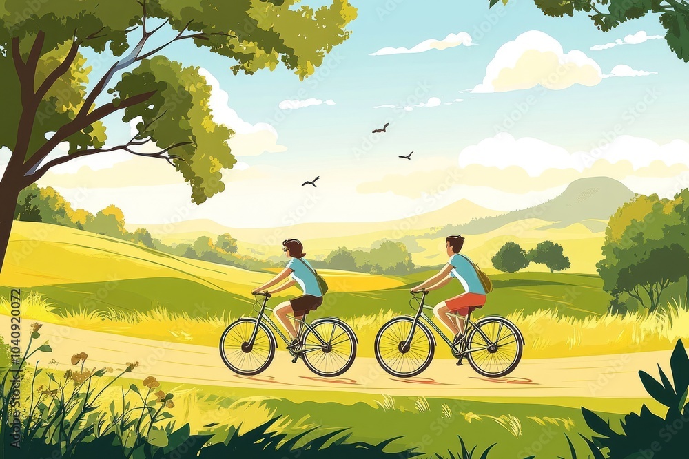 Obraz premium Two people riding bikes on a sunny day through a beautiful green landscape.