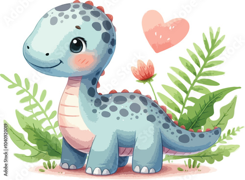 Cartoon watercolor funny baby brontosaurus dinosaur art vector