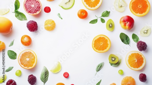 A vibrant arrangement of assorted fruits and leaves on a light background, showcasing colors and textures for a fresh, healthy aesthetic.