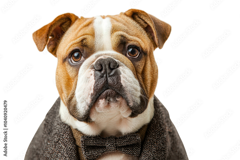 Fototapeta premium A Bulldog in a suit, isolate on white background, presenting a charming and sophisticated appearance. PNG