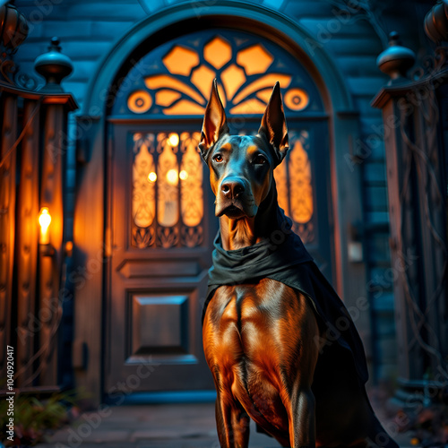 Fearsome Doberman Guarding the Haunted House Entrance A Doberman dressed in a spooky costume standing vigilantly in front of a foreboding haunted house gate photo