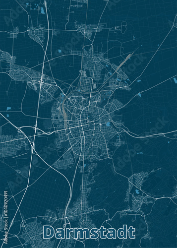 Map of Darmstadt, Germany, rendered in a minimalist style. The map is dominated by a deep blue background, with white lines representing streets and roads.