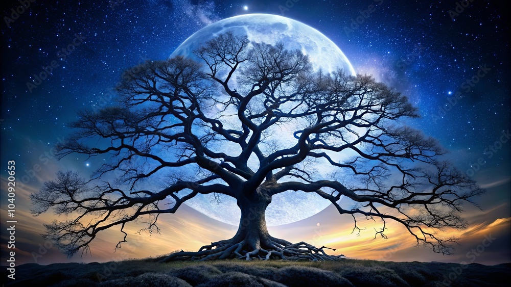 A silhouette of a large, sprawling tree stands against the backdrop of a luminous blue moon and a sky brimming with twinkling stars. A silhouette of a large, sprawling tree stands against the backdrop of a luminous blue moon and a sky brimming with twinkling stars.