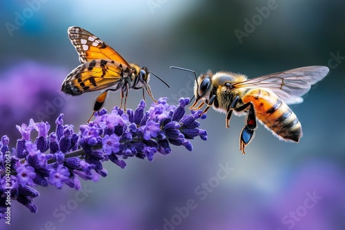 Wallpaper Mural Butterflies and bees sharing a flower, a delicate balance of pollinators in a vibrant garden Torontodigital.ca