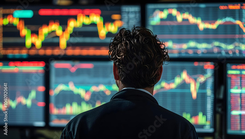 a close-up behind the shoulder of a person staring at a trading screen, financial charts and futures data flashing in vibrant colors, creating a dramatic mood photo