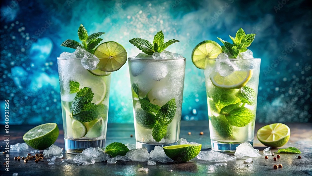 Refreshing Mint and Citrus Cocktails with Ice Cubes on a Rustic Surface Refreshing Mint and Citrus Cocktails with Ice Cubes on a Rustic Surface