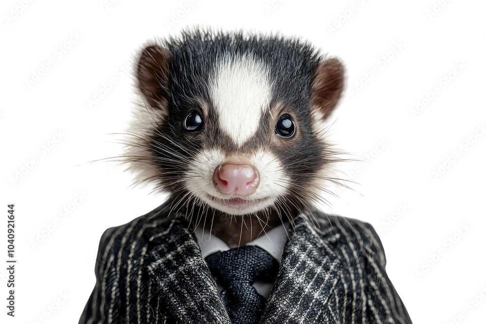 A skunk dressed in a suit, isolate on white background, presenting a whimsical and charming appearance for special occasions. PNG A skunk dressed in a suit, isolate on white background, presenting a whimsical and charming appearance for special occasions. PNG