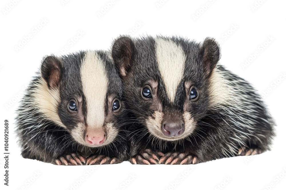 A family of skunks, isolate on white background, illustrating their loving interactions and diverse personalities. PNG A family of skunks, isolate on white background, illustrating their loving interactions and diverse personalities. PNG