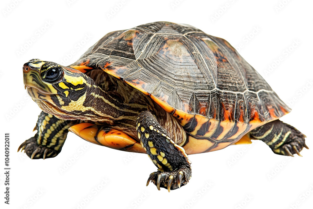 Obraz premium A turtle standing gracefully, isolate on white background, showcasing its unique shell patterns and gentle demeanor. PNG