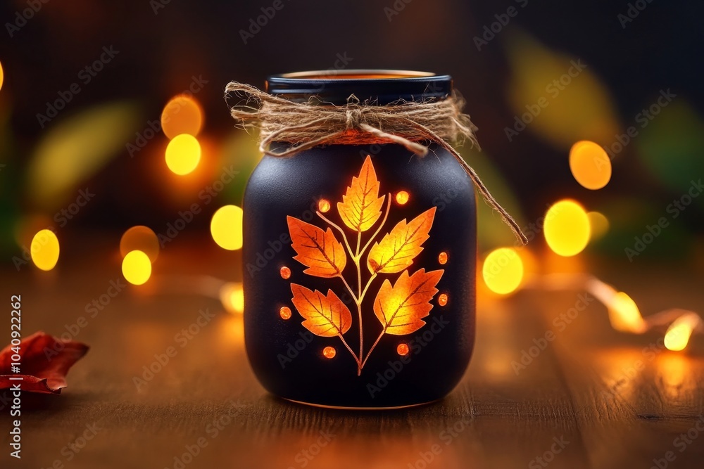 Crafting autumn-themed mason jar lanterns, with leaves pressed against the glass and twine wrapped around the top Crafting autumn-themed mason jar lanterns, with leaves pressed against the glass and twine wrapped around the top