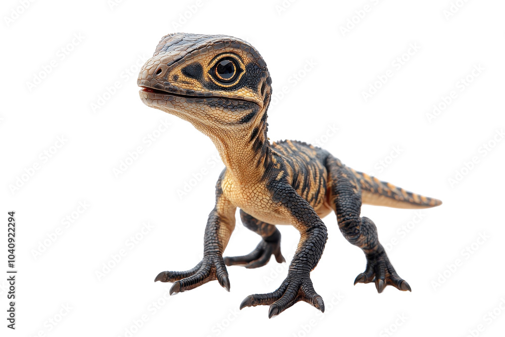 Obraz premium A baby Velociraptor, isolate on white background, displaying its cute features and small stature. PNG