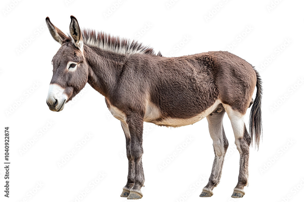 A donkey standing, isolate on white background, showcasing its distinctive features and sturdy build. PNG A donkey standing, isolate on white background, showcasing its distinctive features and sturdy build. PNG