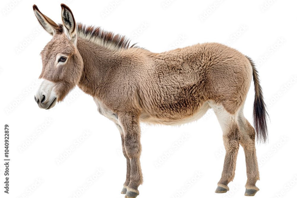 A donkey standing, isolate on white background, showcasing its distinctive features and sturdy build. PNG