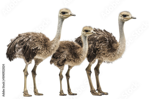 A family of ostriches, isolate on white background, illustrating their interactions and social dynamics. PNG photo