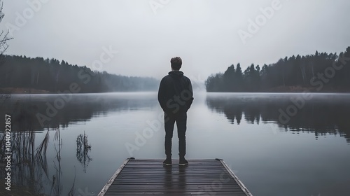 A young man standing at the edge of a dock, looking out at the water with a thoughtful expression