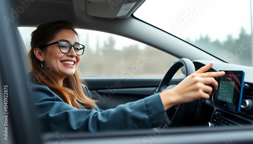 European Woman Driving and Choosing Music