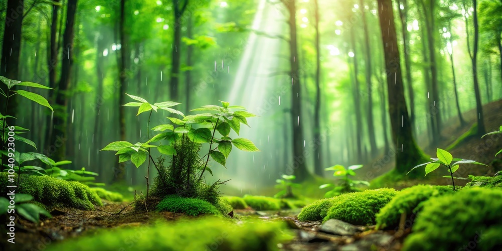 Enchanting Tilt-Shift Photography of a Green Summer Forest on a Misty Rainy Day, Capturing Woodland Nature's Beauty in a Dreamlike Atmosphere Enchanting Tilt-Shift Photography of a Green Summer Forest on a Misty Rainy Day, Capturing Woodland Nature's Beauty in a Dreamlike Atmosphere