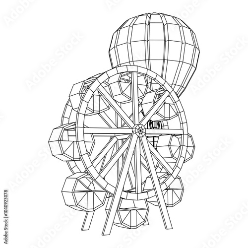 Ferris wheel spinning amusement park. Wireframe low poly mesh vector illustration.