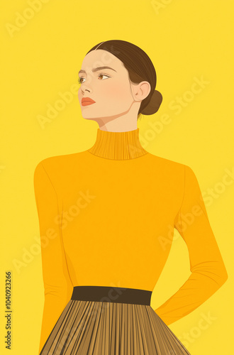 Ilustração minimalista, retrato de uma mulher caucasiana, vestindo uma blusa de gola alta com uma saia plissada, moda retrô vintage, ilustração plana em fundo amarelo suave