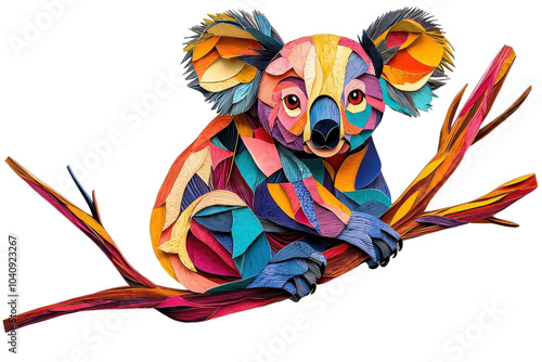 A multicolored paper art representation of a koala bear, isolate on white background, providing a playful view. PNG photo