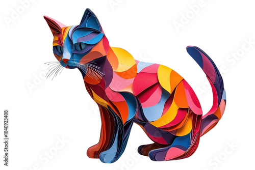 A multicolored paper art representation of a cat, isolate on white background, adding a vibrant touch. PNG photo