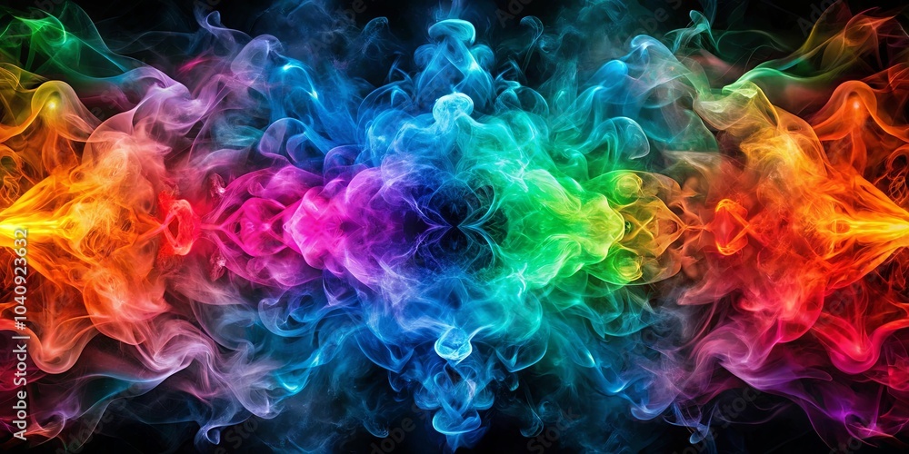 Abstract Colorful Smoke Swirls in a Symmetrical Pattern on a Black Background Abstract Colorful Smoke Swirls in a Symmetrical Pattern on a Black Background